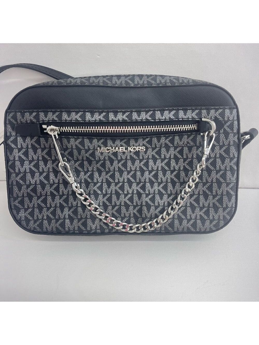 Michael Kors Chain Crossbody With Matching Wallet Set Silver Black Metallic Logo - Picture 2 of 10